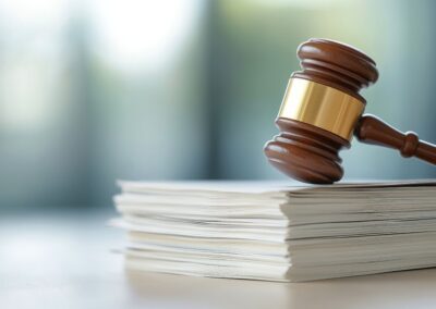 A close-up of a gavel beside a pile of discovery documents.