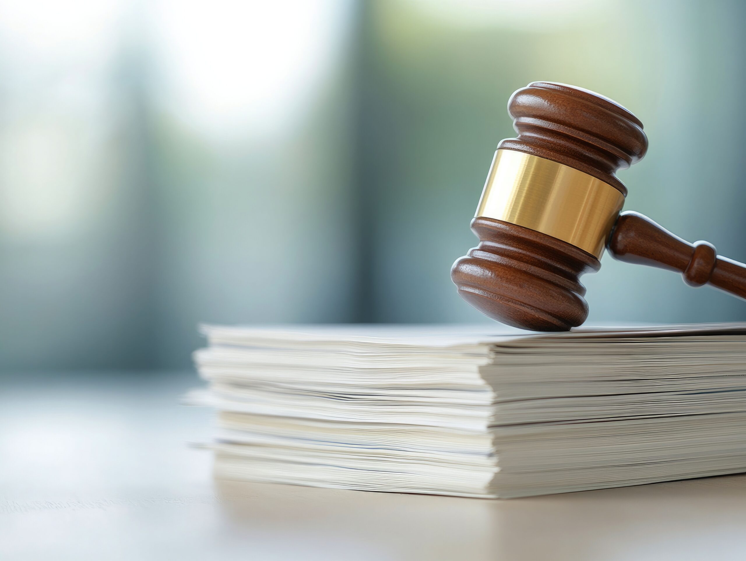 A close-up of a gavel beside a pile of discovery documents.