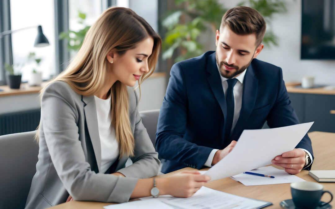 Lawyer reviews details with paralegal during teamwork meeting