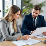 Lawyer reviews details with paralegal during teamwork meeting
