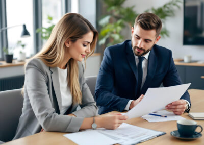 Lawyer reviews details with paralegal during teamwork meeting