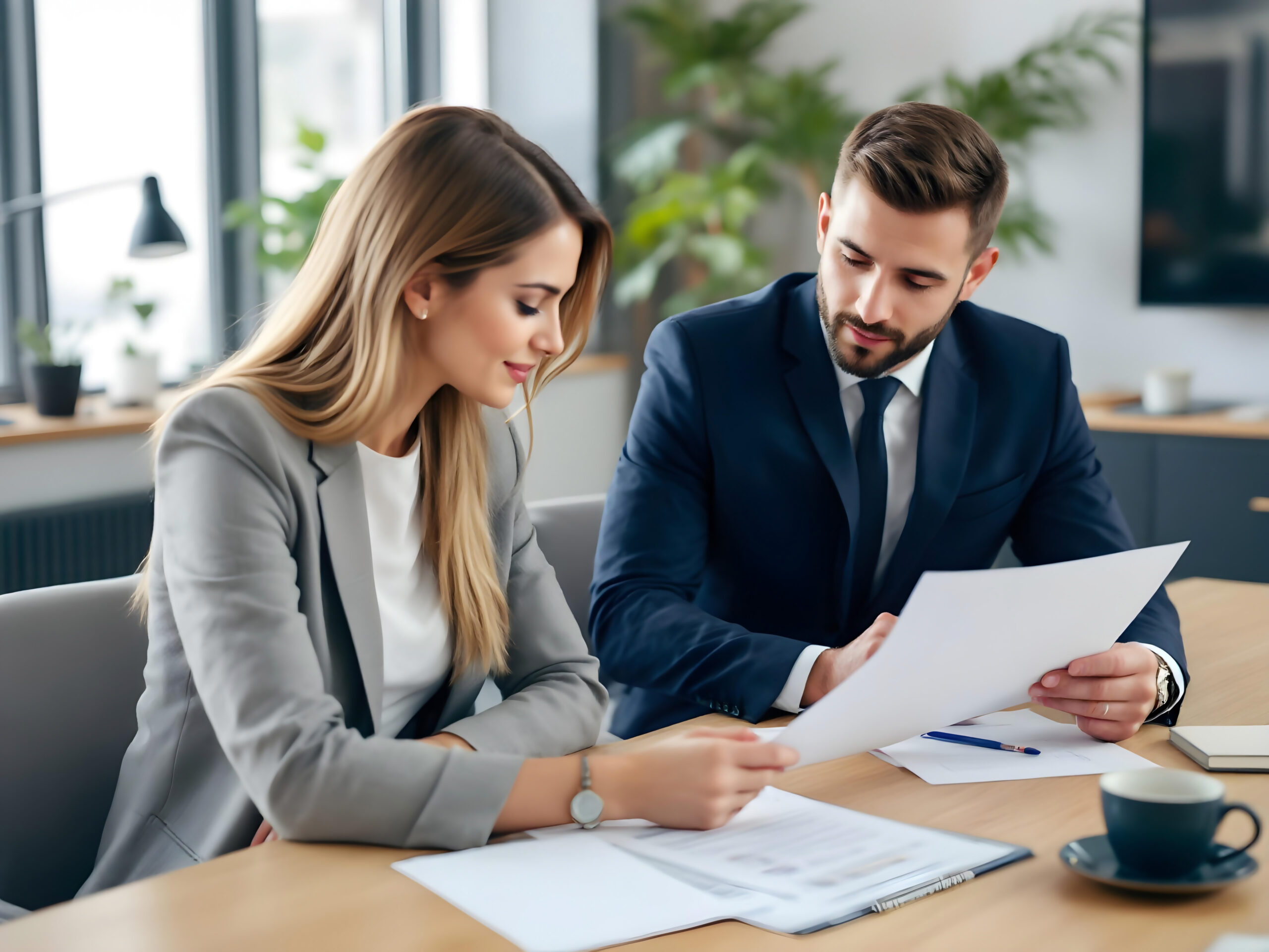 Lawyer reviews details with paralegal during teamwork meeting