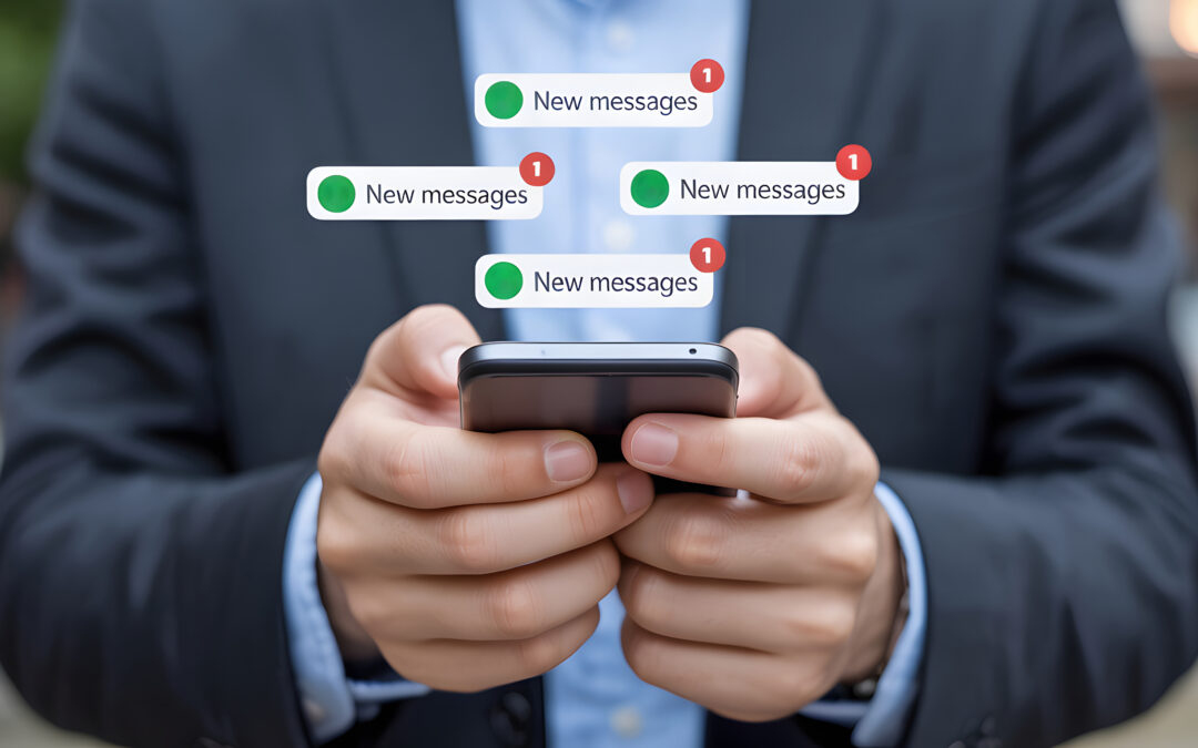Attorney checking smartphone with multiple new messages notifications.