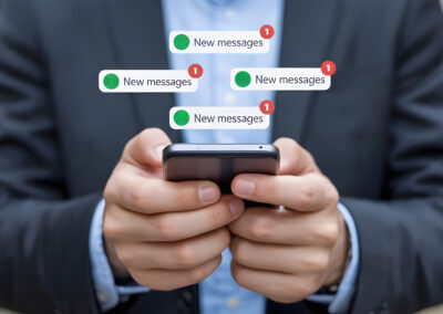 Attorney checking smartphone with multiple new messages notifications.