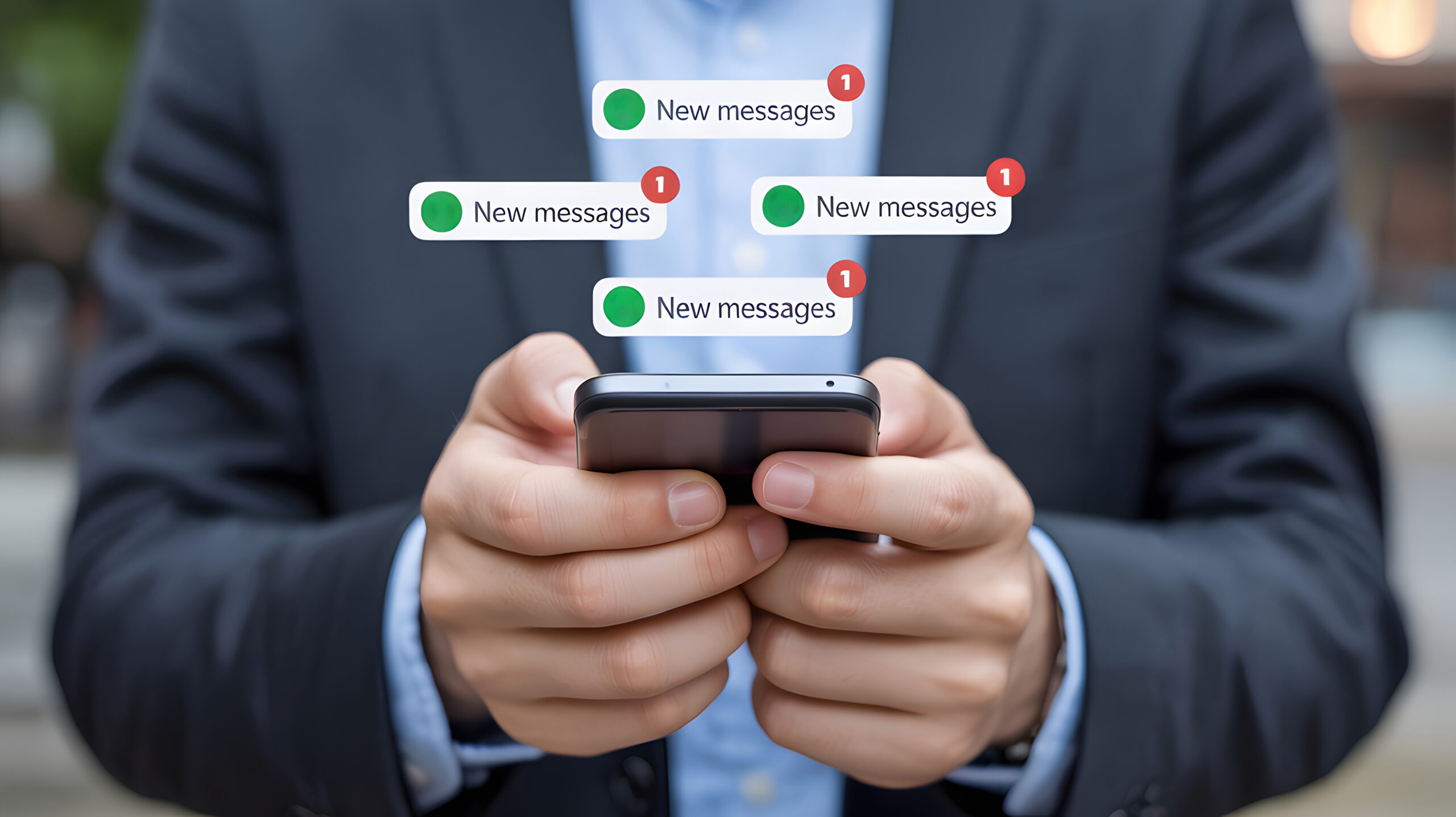 Attorney checking smartphone with multiple new messages notifications.