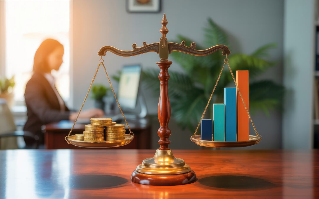 Legal scale showing balance between money and growth.