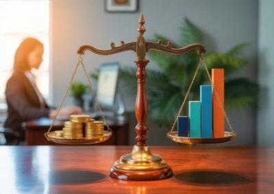 Legal scale showing balance between money and growth.