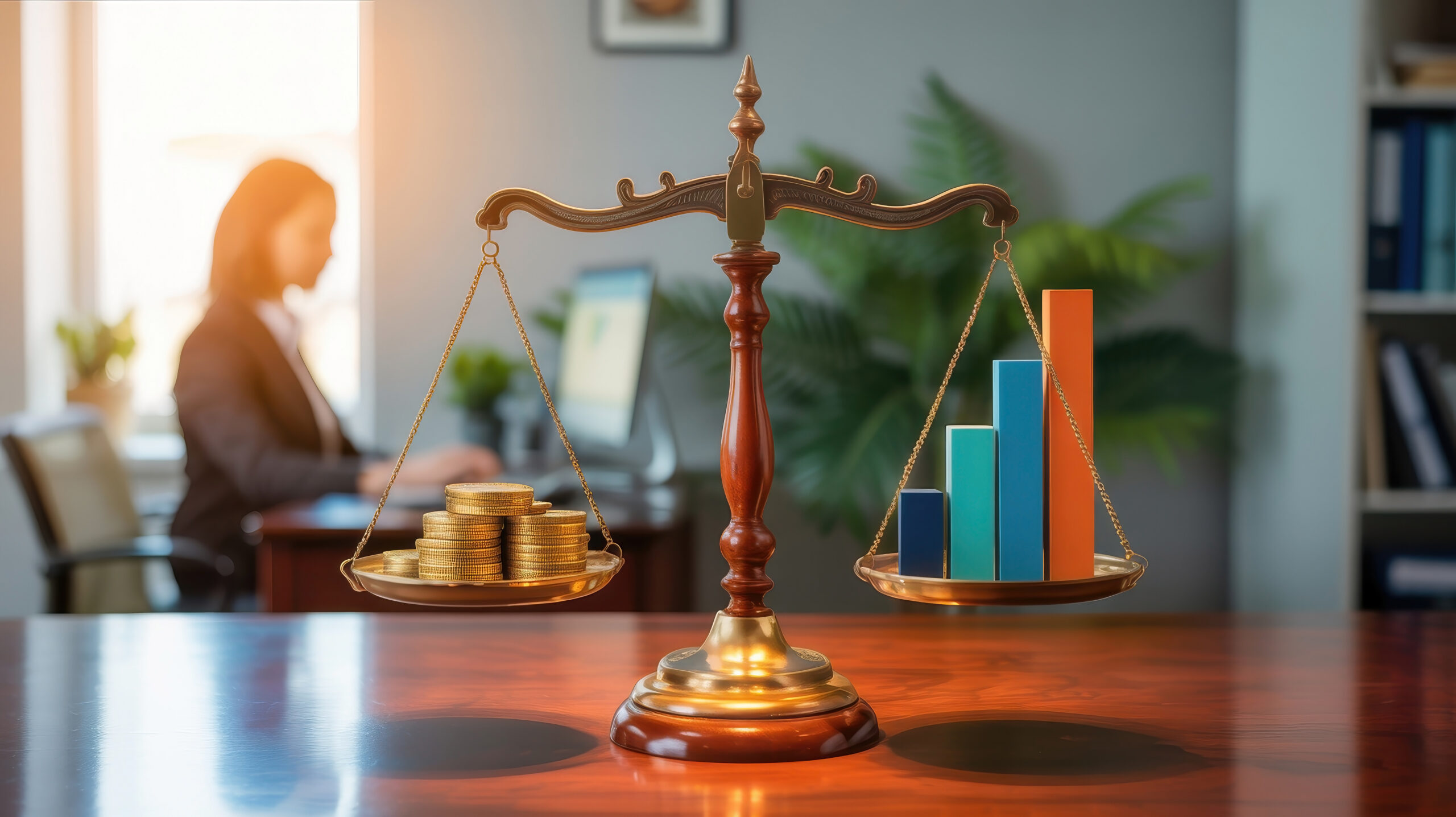 Legal scale showing balance between money and growth.