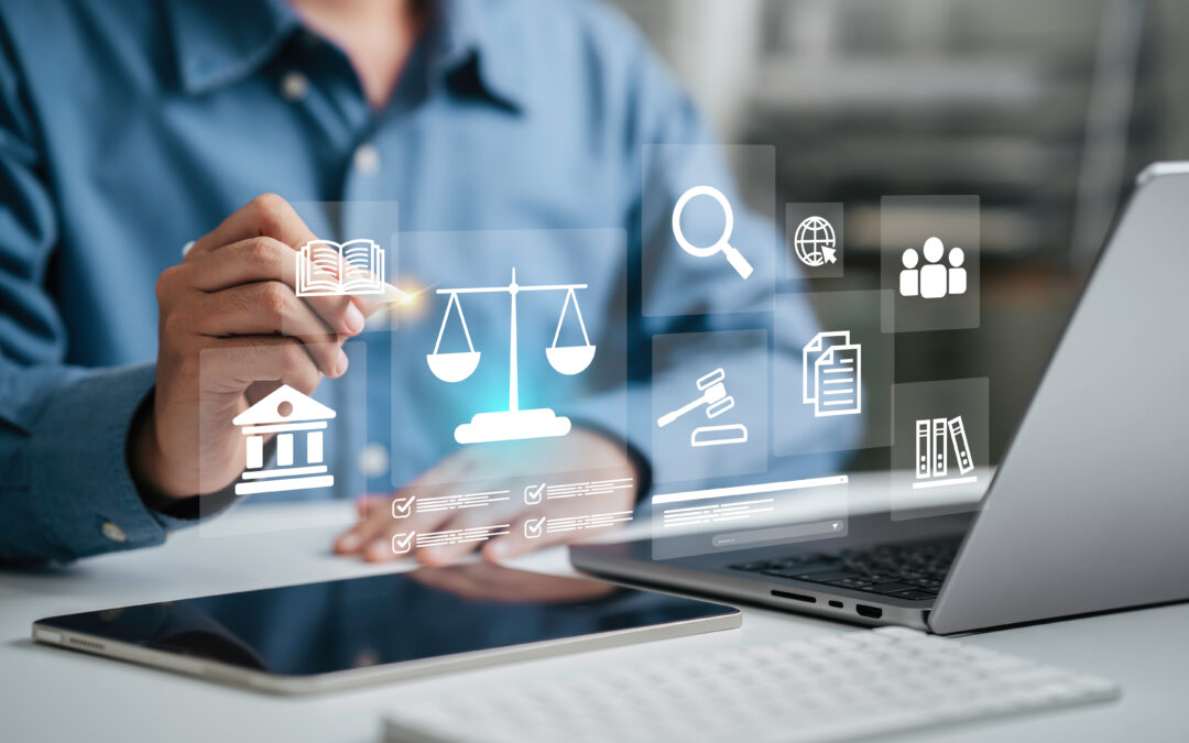 Attorney working on a large discovery project, using a laptop with a legal services icon.