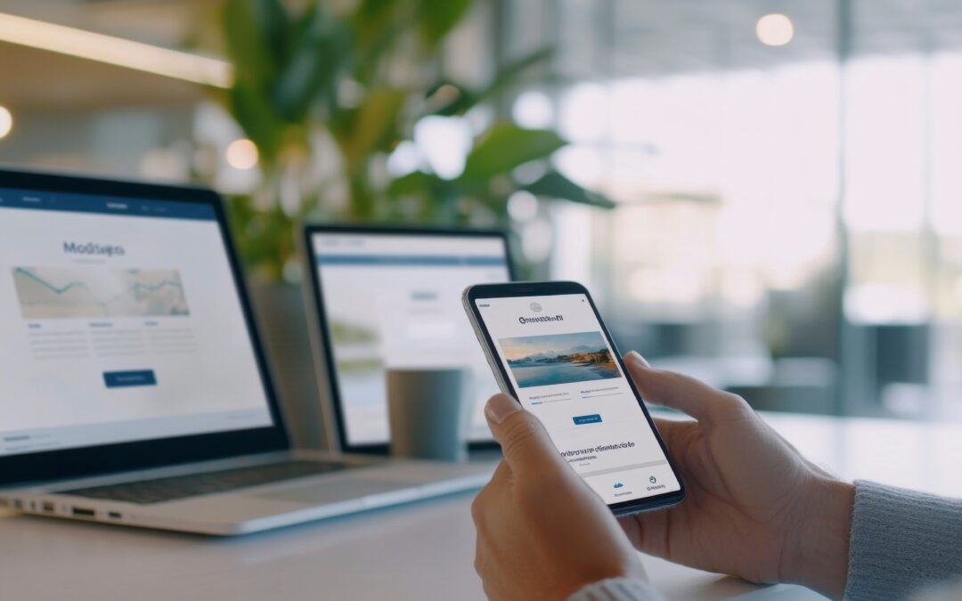 Lawyer viewing a newly launched law firm website on a laptop and mobile phone.