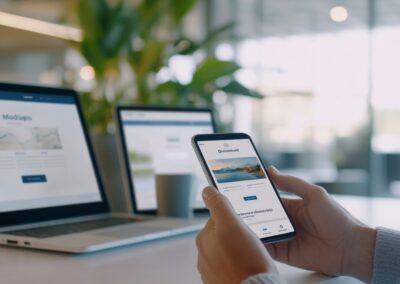 Lawyer viewing a newly launched law firm website on a laptop and mobile phone.