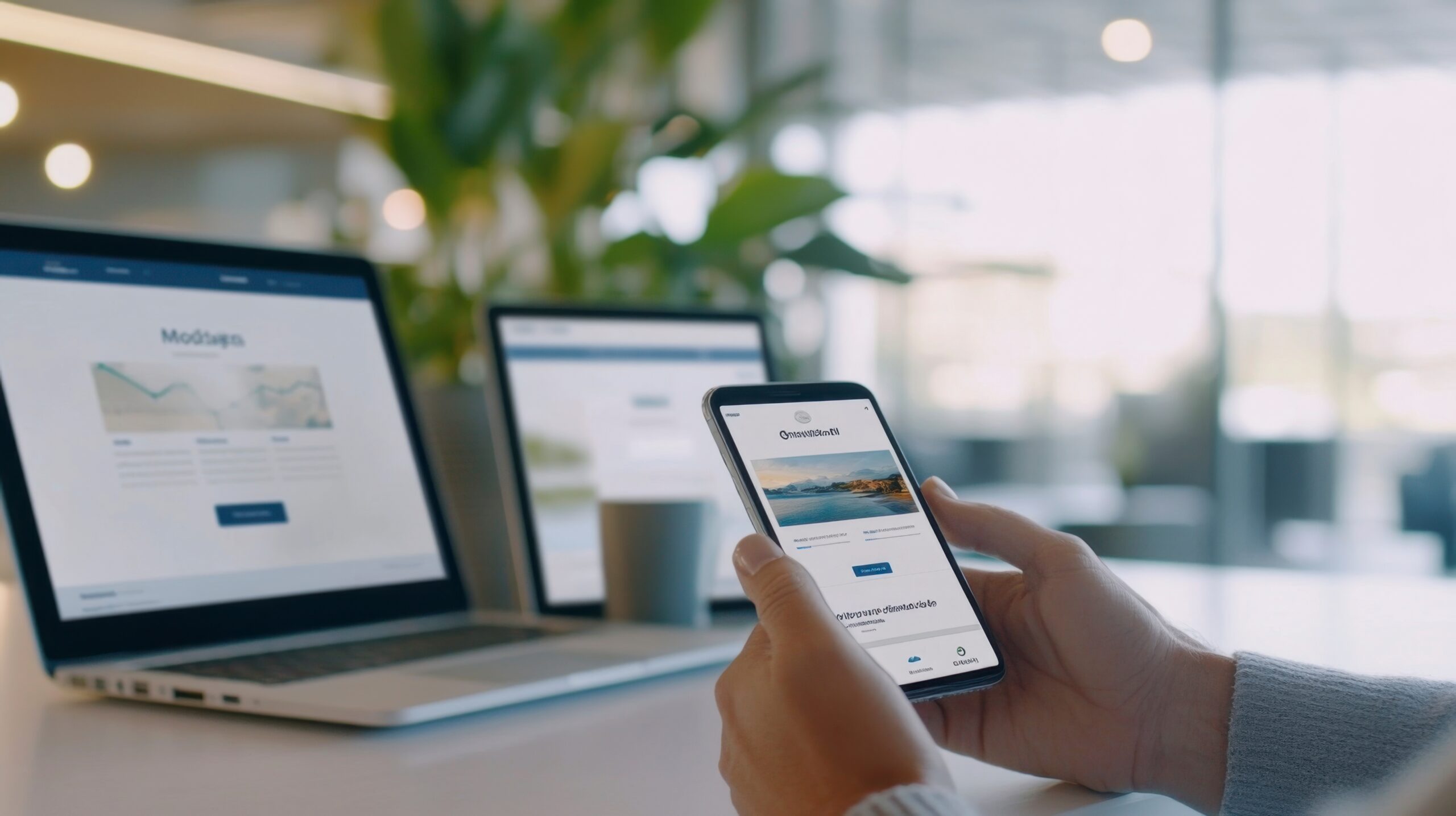 Lawyer viewing a newly launched law firm website on a laptop and mobile phone.