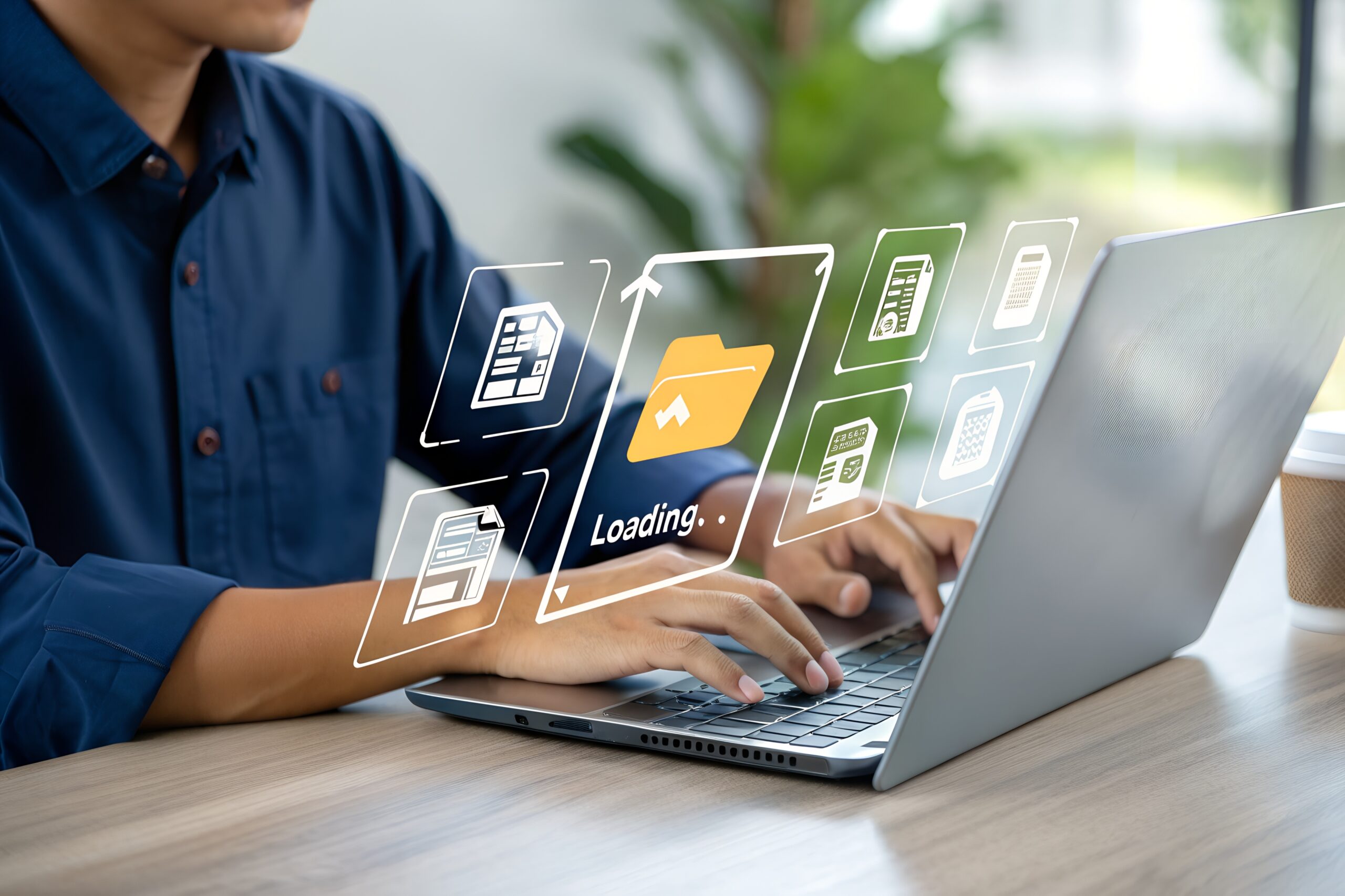 A user is typing on a laptop with virtual icons showing files and a loading folder, representing digital data transfer and cloud computing. Attorney works to clean up and maintain their law firms CRM