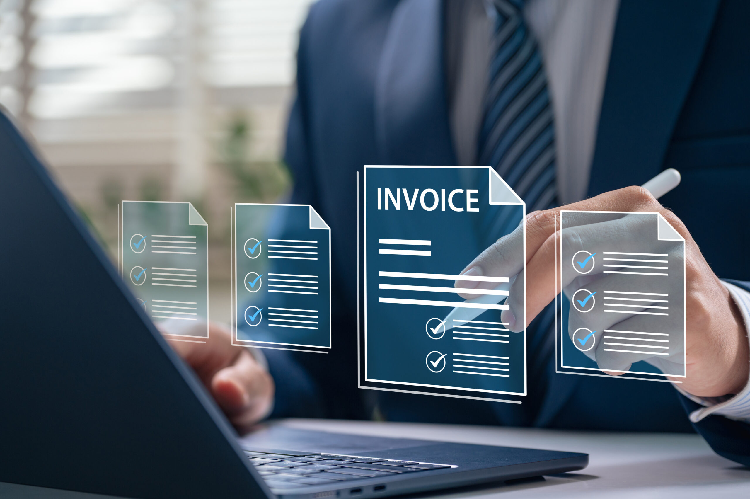 Digital invoice and billing management. Businessman using electronic invoice on computer, finance workflow, tracking payments and taxes, managing corporate accounting for business growth and success Clio billing specialist facilitates client invoicing for a busy law firm