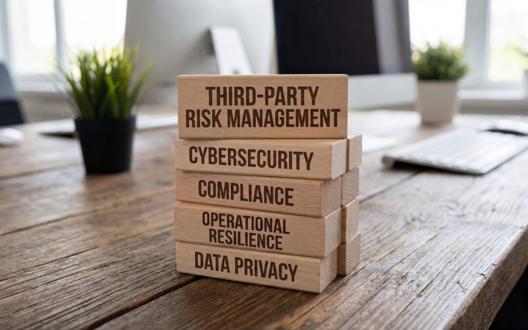 A stack of wooden blocks labeled with risks of hiring offshore paralegals