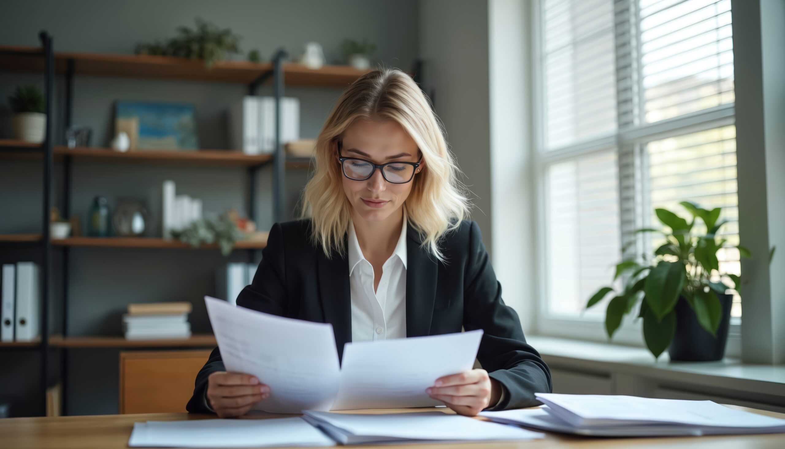 Blond woman in glasses reviews papers at office desk. She examines documents and reports with concentration. Business professional working with finance data and paperwork in modern office. Solo attorney considering virtual support.