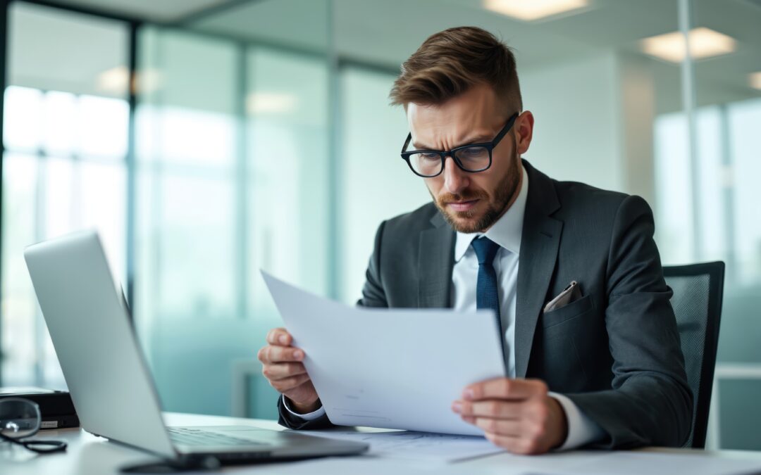 Young attorney reviews financials revealing billing errors.