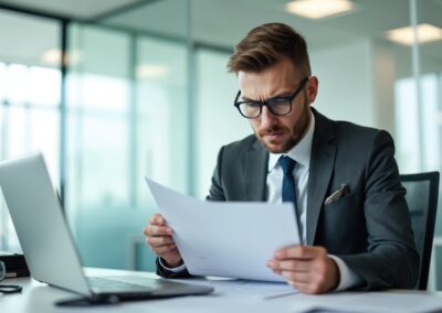 Young attorney reviews financials revealing billing errors.