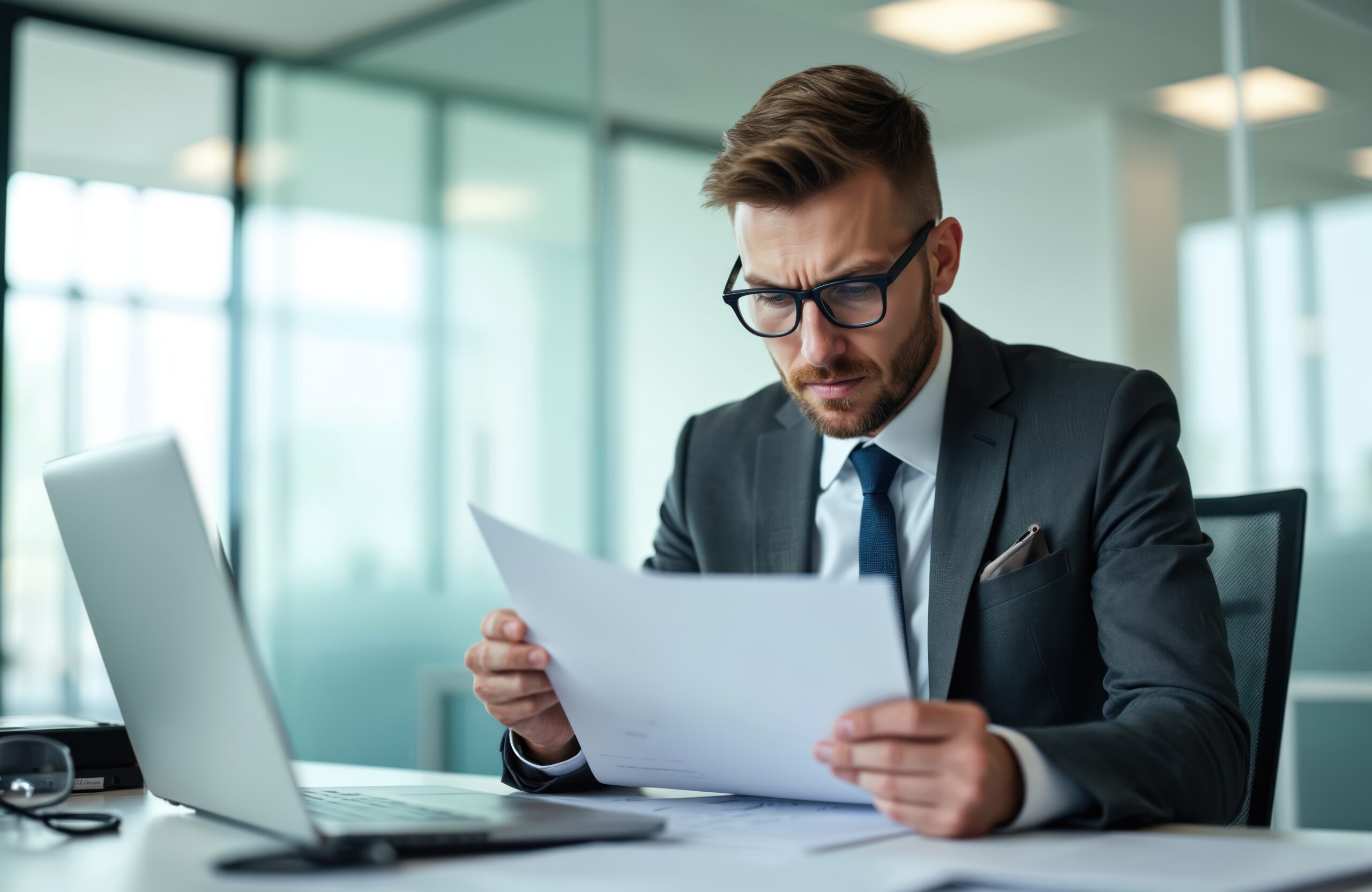 Young attorney reviews financials revealing billing errors.