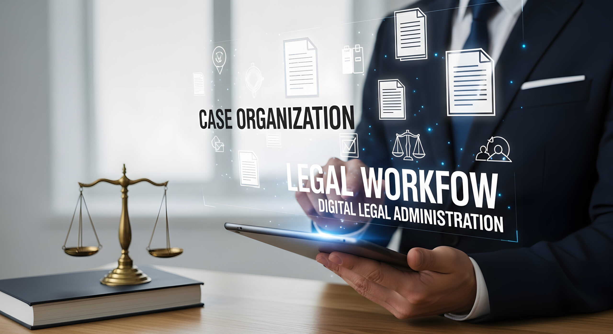 Attorney manages legal workflow using digital tablet in law office