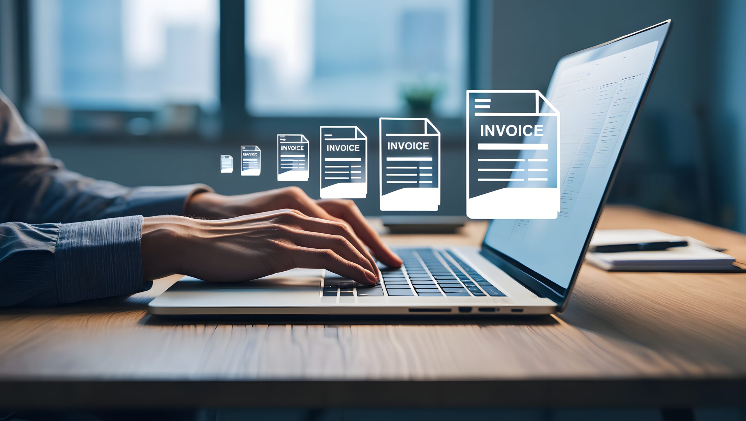 Invoice for payment, digital invoice document, e-invoice and Digital billing concept, man using laptop to manage electronic statements. E-tax, Online invoice processing and tax accounting solutions.