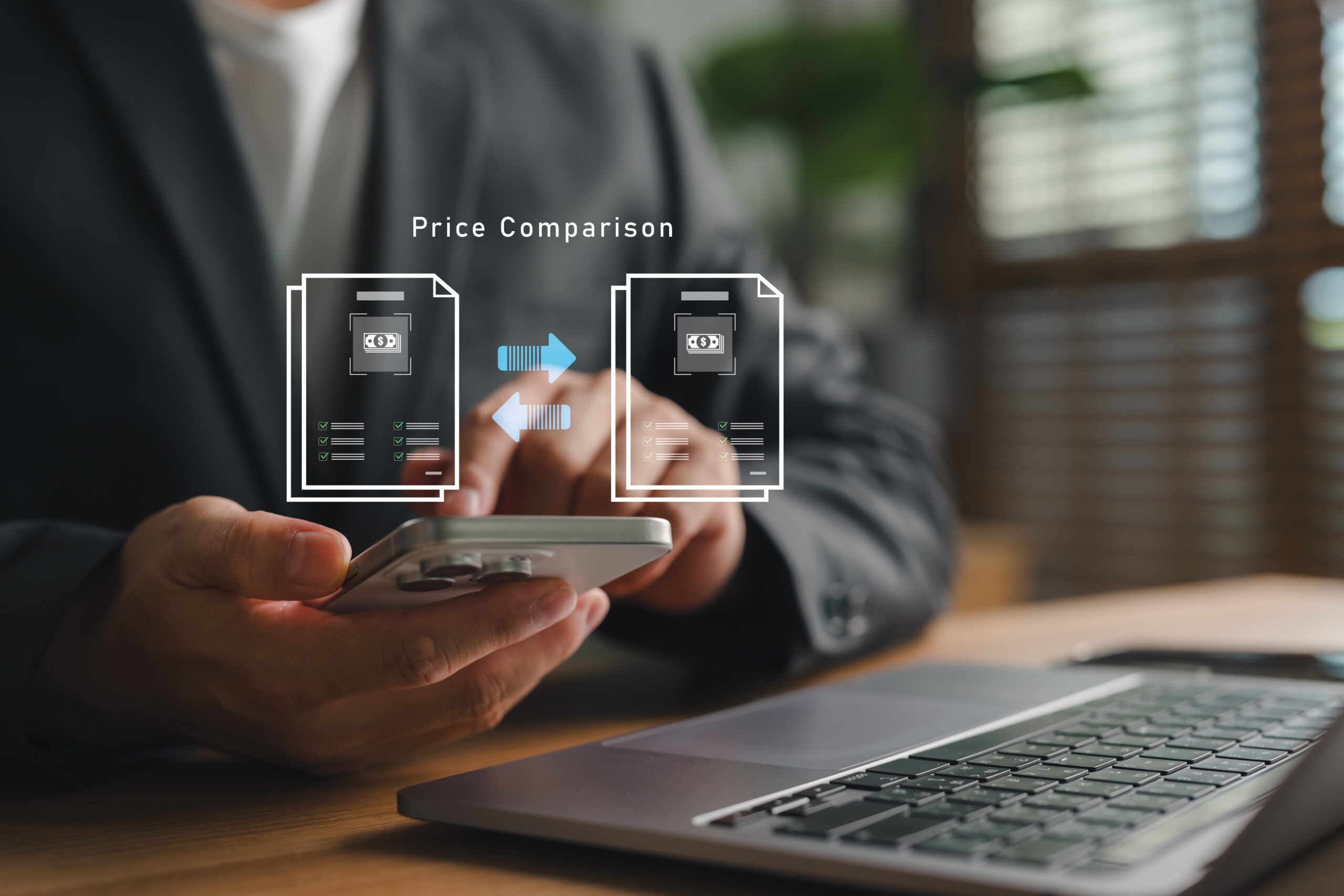 Attorney comparing quotations and making hiring decisions through digital platform.