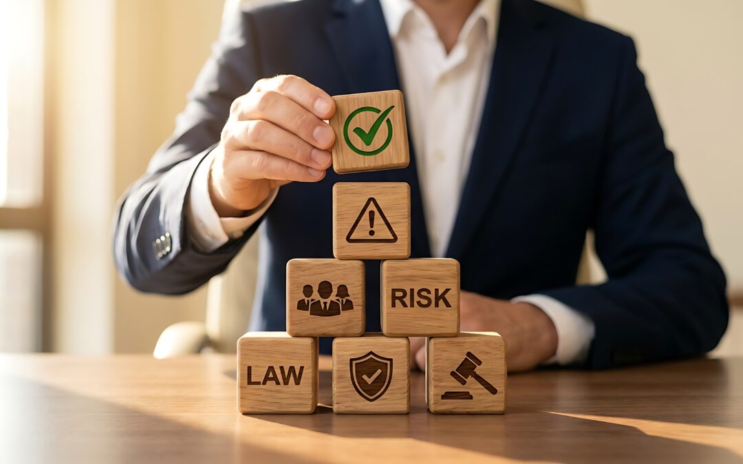 Lawyer arranging wooden blocks with legal and risk symbols on office table representing law and risk management