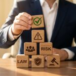 Lawyer arranging wooden blocks with legal and risk symbols on office table representing law and risk management