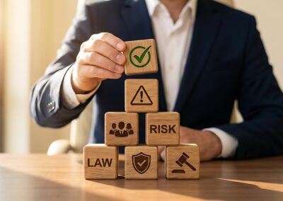 Lawyer arranging wooden blocks with legal and risk symbols on office table representing law and risk management