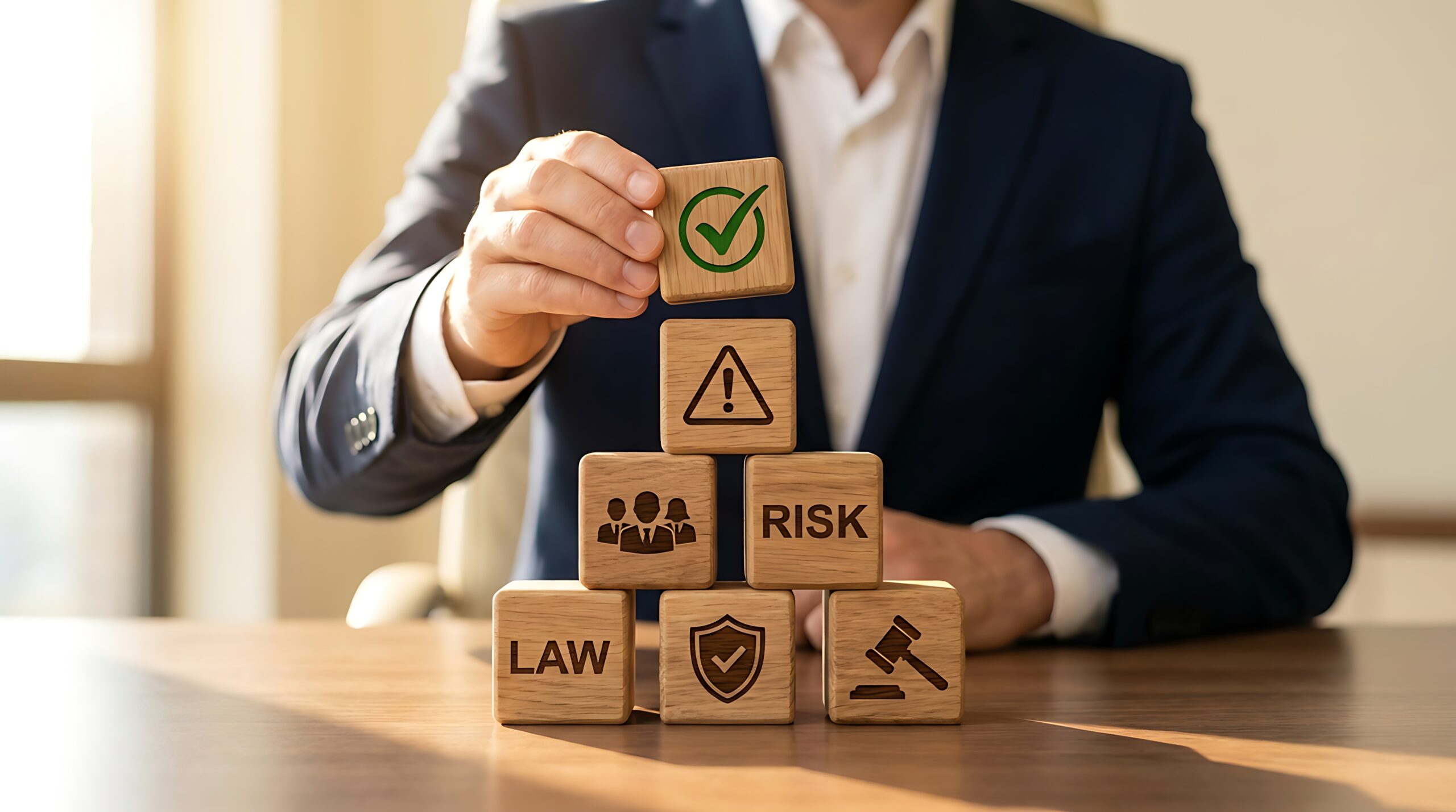 Lawyer arranging wooden blocks with legal and risk symbols on office table representing law and risk management